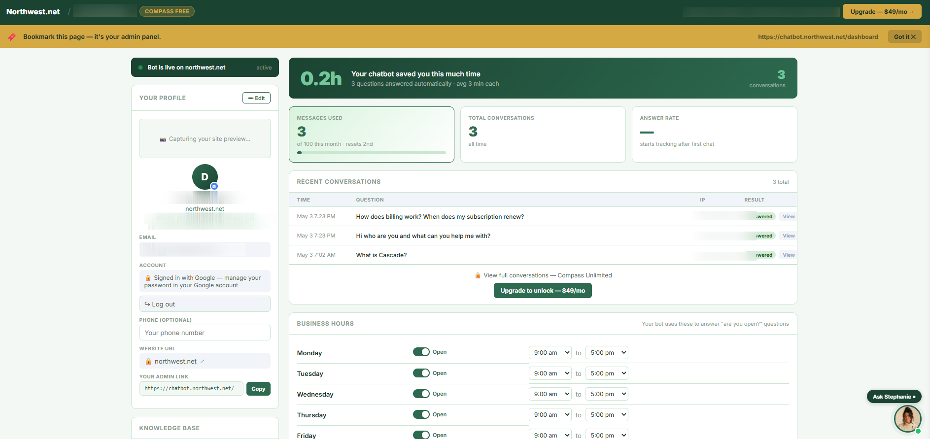 Northwest.net chatbot dashboard — live conversations, time saved, analytics, business hours, and knowledge base in one view